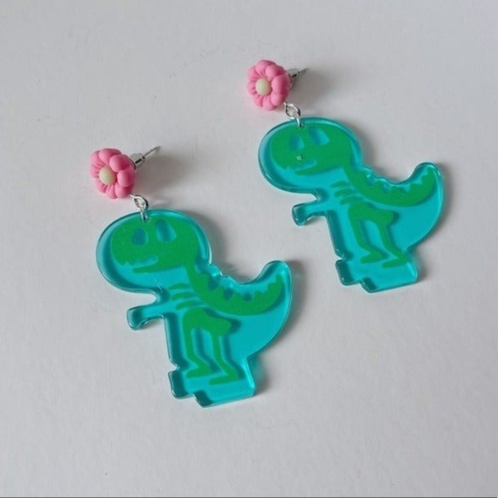 TRex dinosaur skeleton earrings floral drop blue